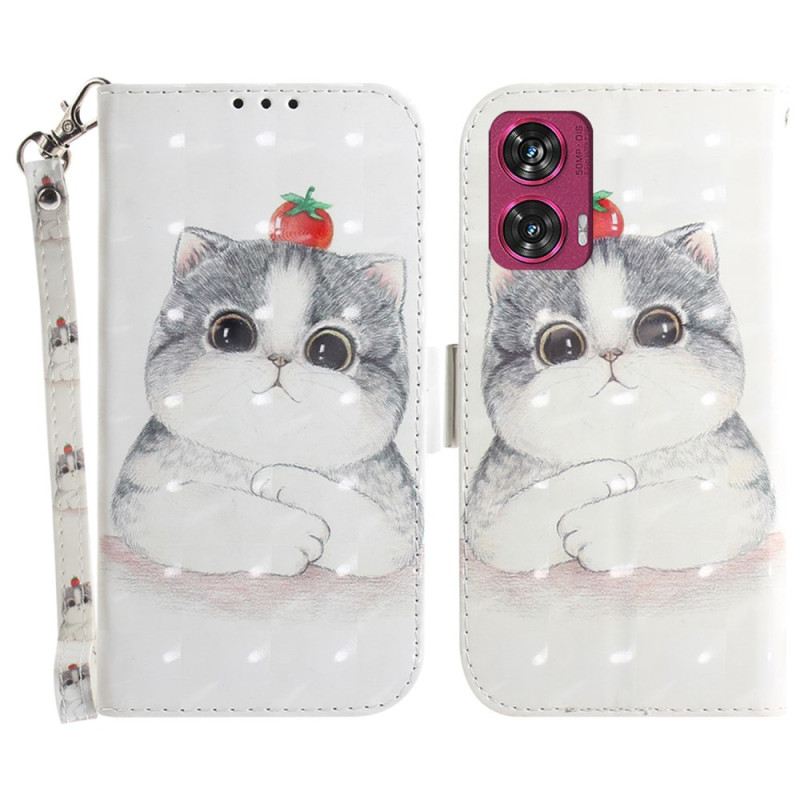 Bőrtok Motorola Edge 50 Fusion Aranyos Macska Szíjjal