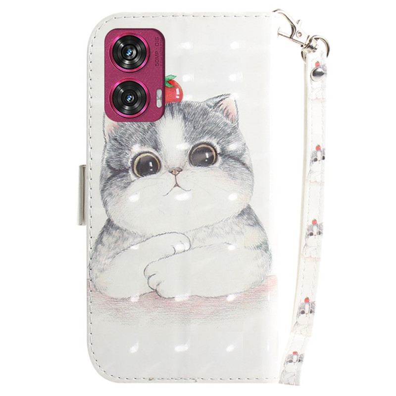 Bőrtok Motorola Edge 50 Fusion Aranyos Macska Szíjjal