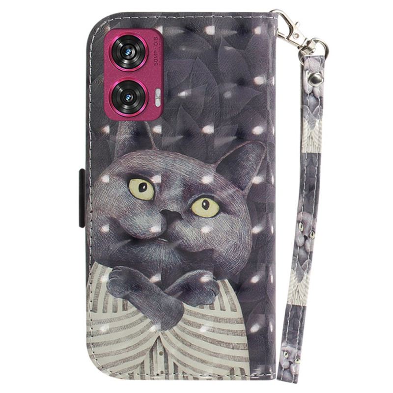 Kinyitható Bőrtok Motorola Edge 50 Fusion Szürke Macska Szíjjal