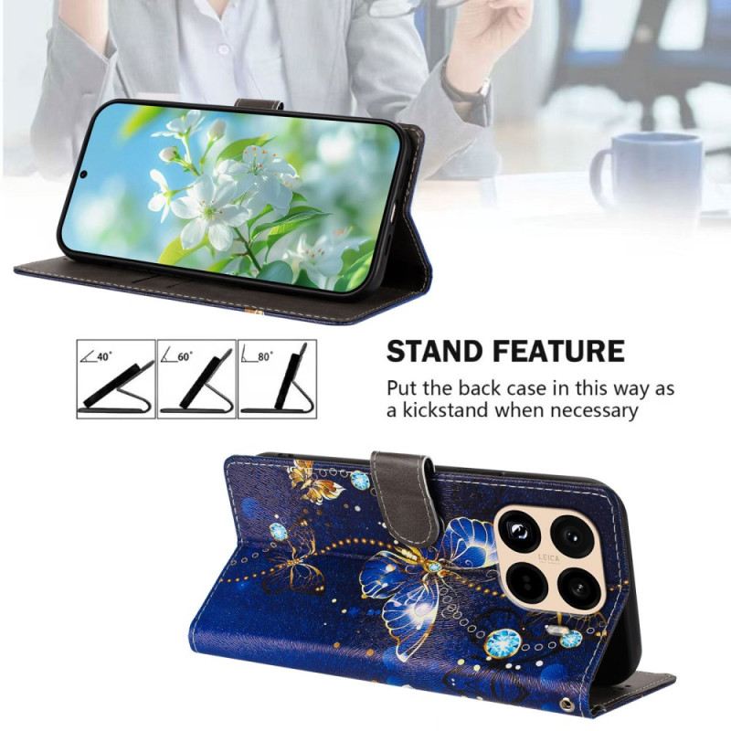 Kinyitható Bőrtok Xiaomi 15t Pro Arany És Kék Pillangók