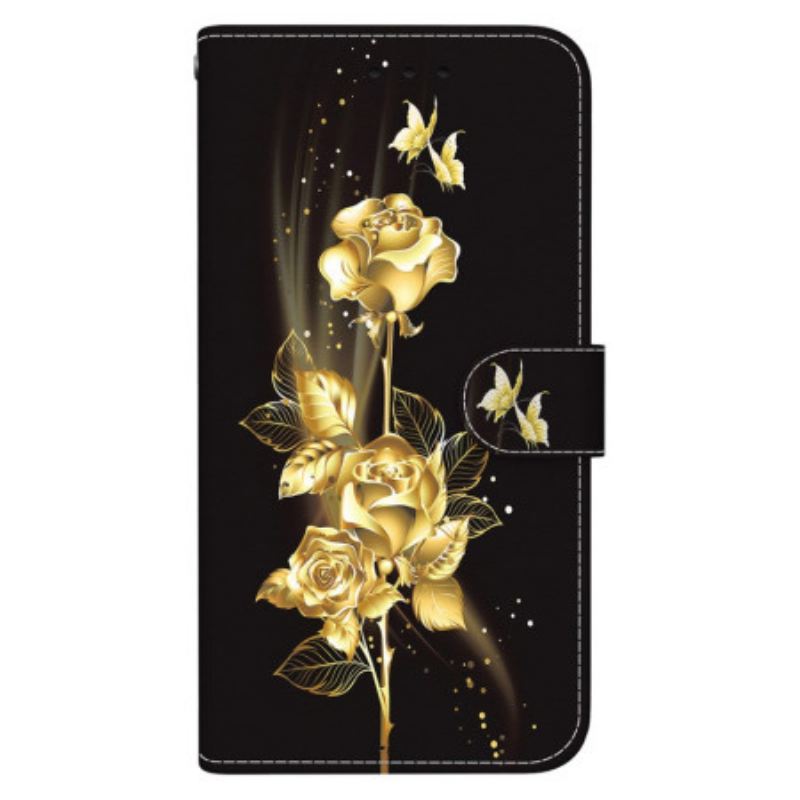 Bőrtok Oppo Reno 12f 5g Arany És Rózsaszín Pillangók Pánttal