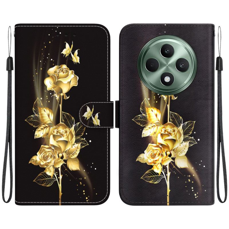 Bőrtok Oppo Reno 12f 5g Arany És Rózsaszín Pillangók Pánttal
