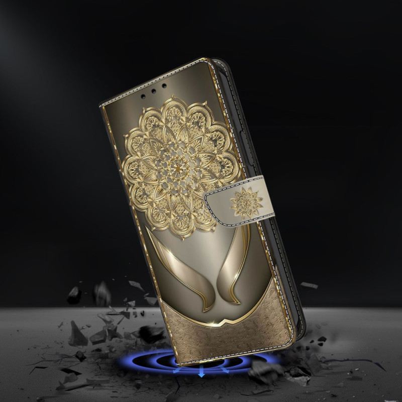 Kinyitható Bőrtok Samsung Galaxy S26 Plus Fényes Arany Virágok