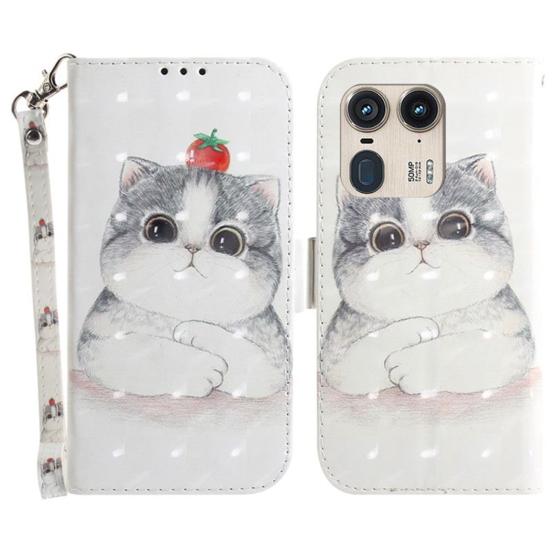 Bőrtok Motorola Edge 50 Ultra Aranyos Macska Szíjjal