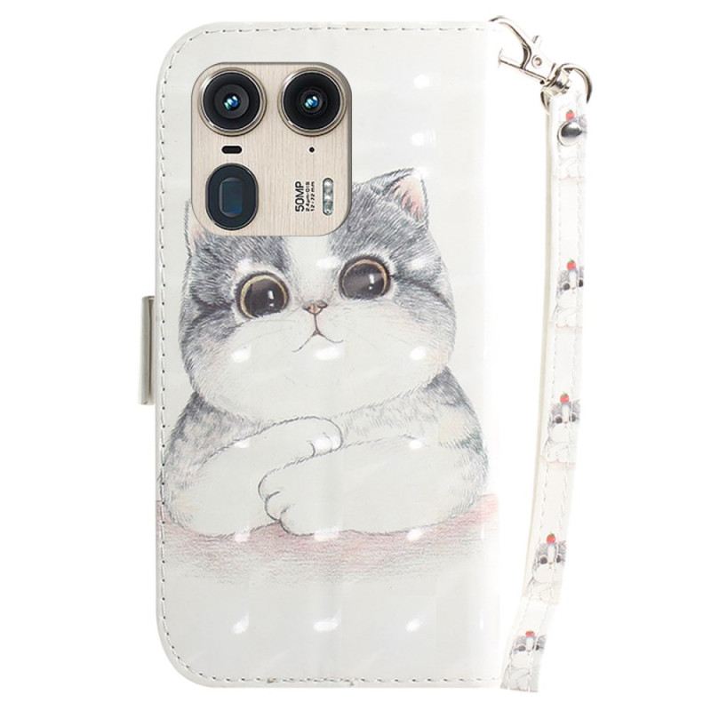 Bőrtok Motorola Edge 50 Ultra Aranyos Macska Szíjjal