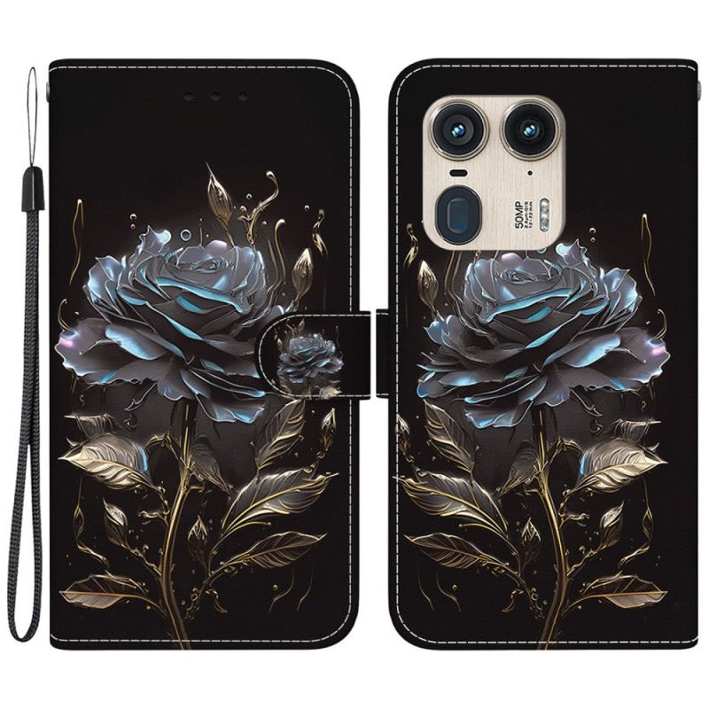 Bőrtok Motorola Edge 50 Ultra Fekete Rózsa Szíjjal