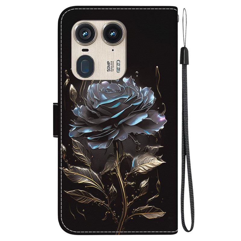 Bőrtok Motorola Edge 50 Ultra Fekete Rózsa Szíjjal
