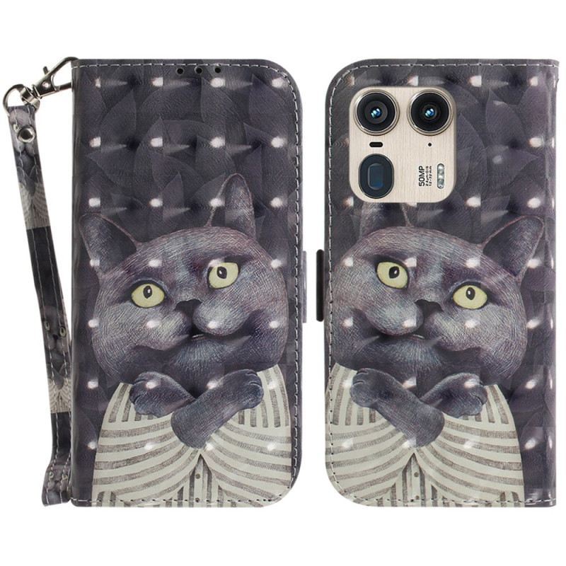 Bőrtok Motorola Edge 50 Ultra Szürke Macska Szíjjal