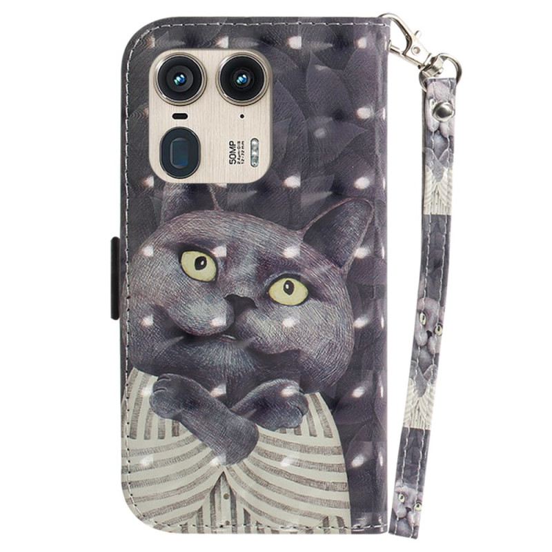 Bőrtok Motorola Edge 50 Ultra Szürke Macska Szíjjal