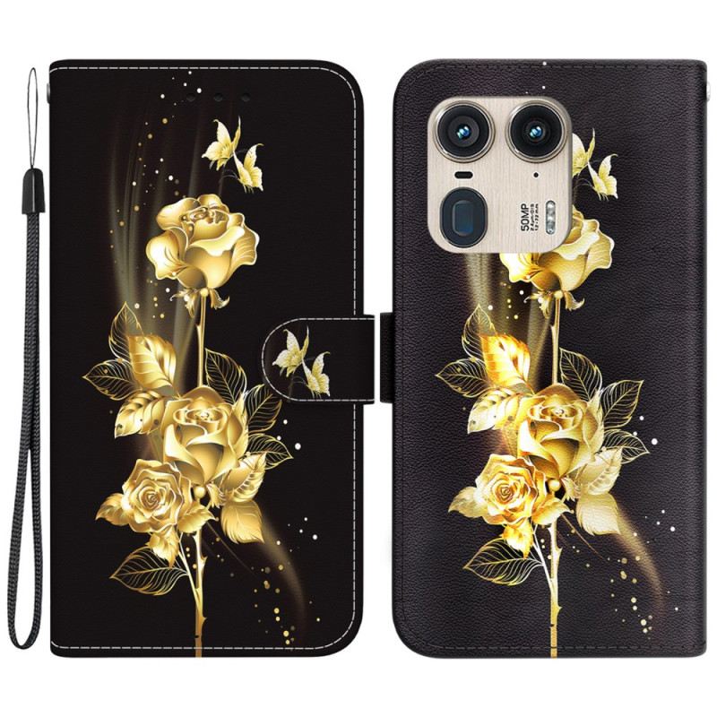 Fliptok Motorola Edge 50 Ultra Arany És Rózsaszín Pillangók Pánttal