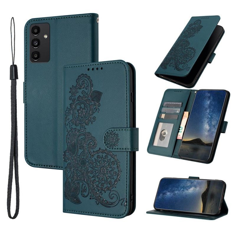 Bőrtok Samsung Galaxy A15 5g Csipke Virágmintás Pánttal