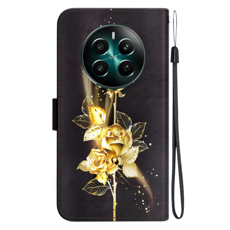Bőrtok Realme 12 Plus 5g Arany Pillangó És Rózsák Szíjjal