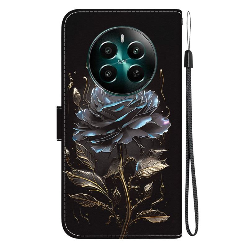 Bőrtok Realme 12 Plus 5g Fekete Rózsa Szíjjal