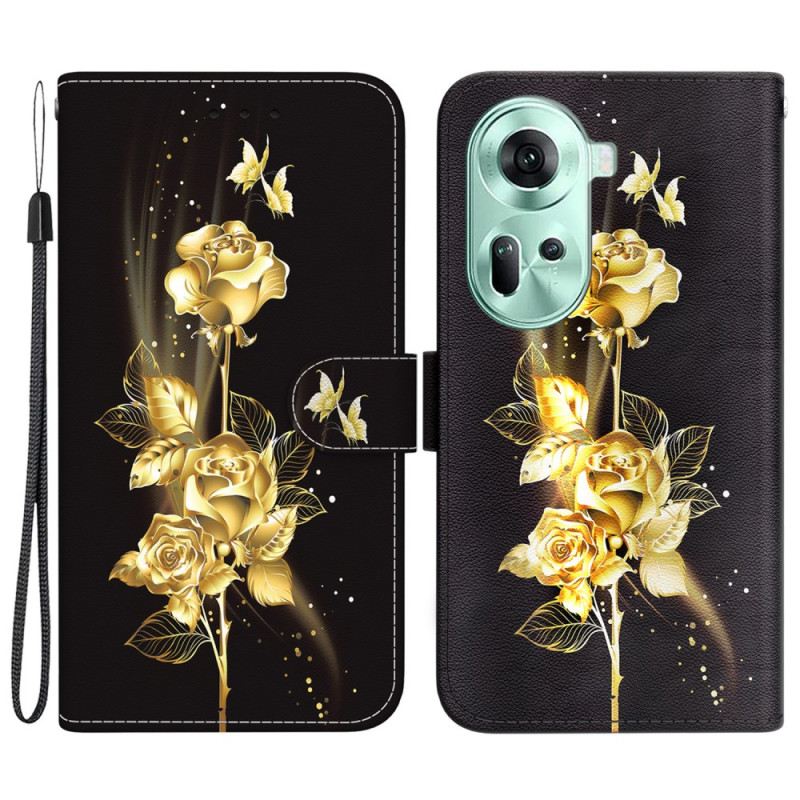 Bőrtok Oppo Reno 11 5g Arany És Rózsaszín Pillangók Pánttal