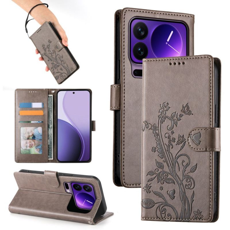 Bőrtok Xiaomi 17 Pro Virágos Pillangómintás