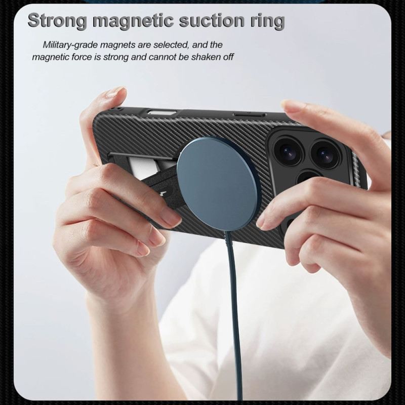 Mobiltelefon Tokok iPhone 17 Pro Max Szénszálas Textúra Kitámasztóval