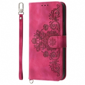 Bőrtok Xiaomi 15 Pro Velúr Hatású Virágmintás Pánttal És Vállpánttal