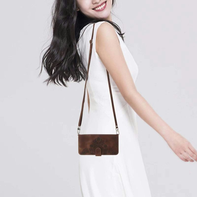 Bőrtok Xiaomi 15 Pro Velúr Hatású Virágmintás Pánttal És Vállpánttal