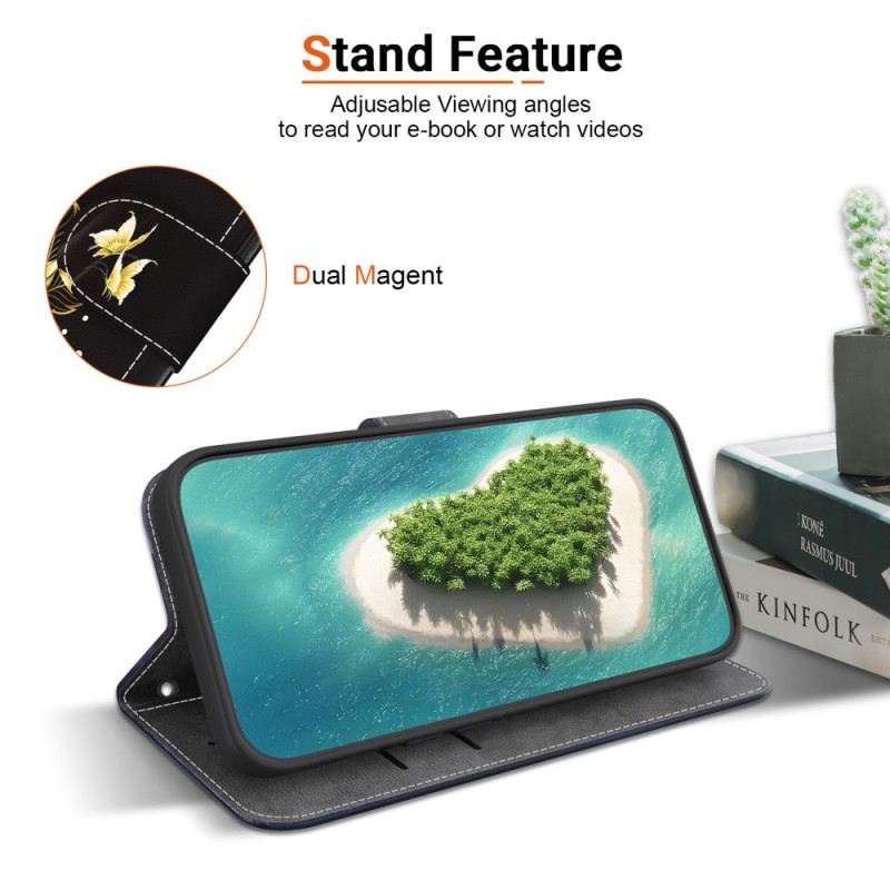 Bőrtok Realme 12 Pro / 12 Pro Plus Arany És Rózsaszín Pillangó Szíjjal