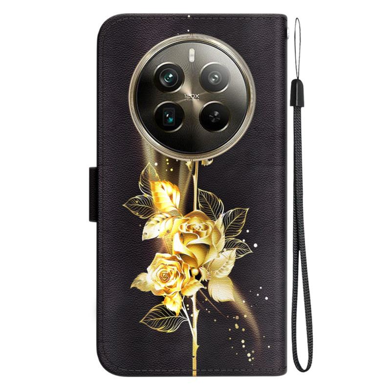 Bőrtok Realme 12 Pro / 12 Pro Plus Arany És Rózsaszín Pillangó Szíjjal