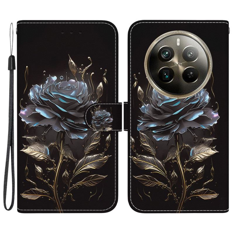 Bőrtok Realme 12 Pro / 12 Pro Plus Fekete Rózsa Szíjjal