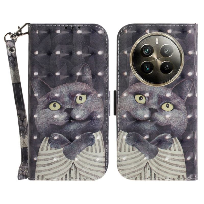Bőrtok Realme 12 Pro / 12 Pro Plus Szürke Macska Szíjjal