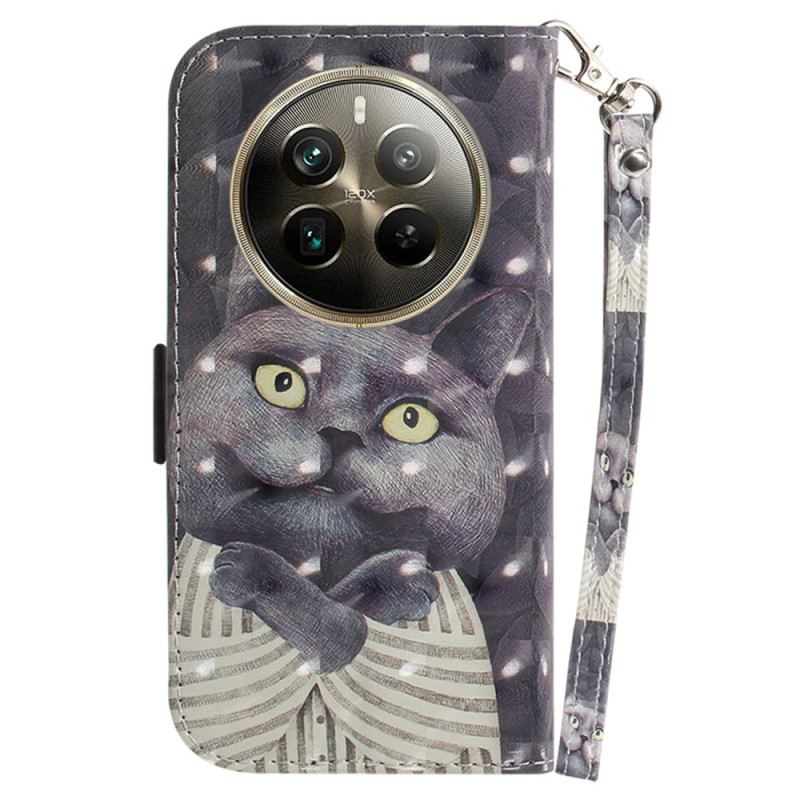 Bőrtok Realme 12 Pro / 12 Pro Plus Szürke Macska Szíjjal