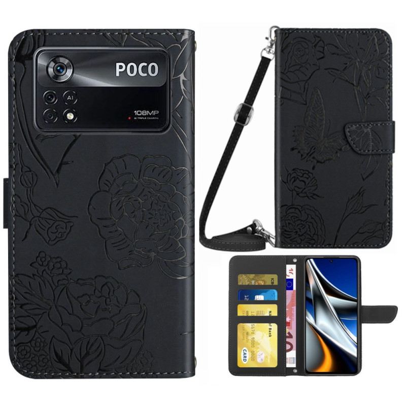 Fliptok / Bőrtok Poco X4 Pro 5G Pillangók Vállpánttal
