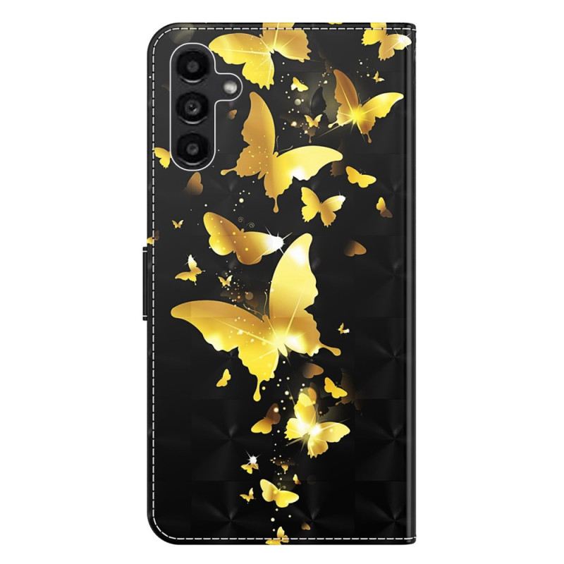 Bőrtok Samsung Galaxy A15 Arany Pillangók Repülés Közben Szíjjal