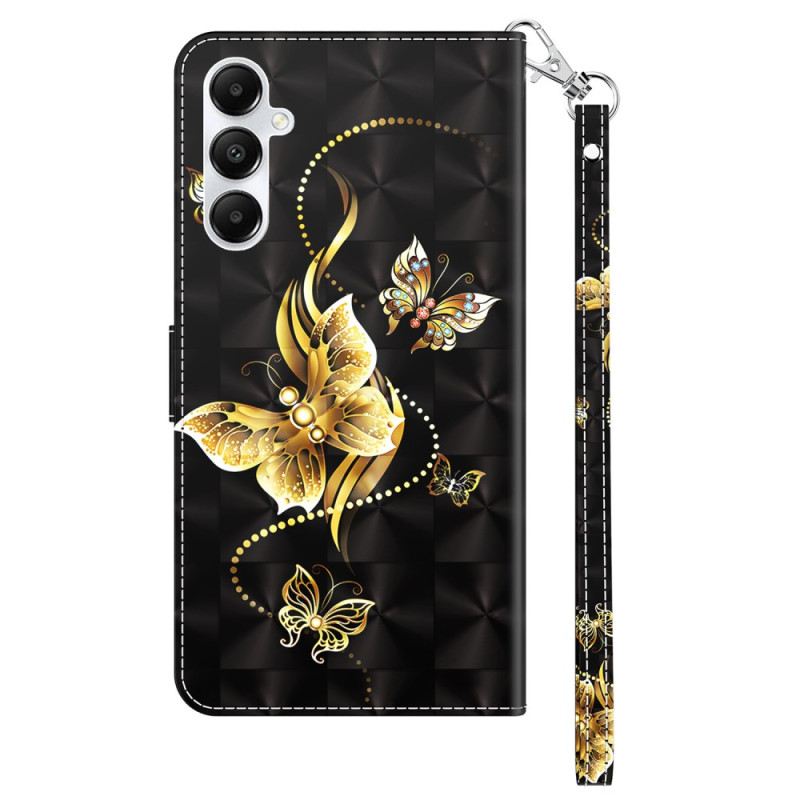 Bőrtok Samsung Galaxy A15 Arany Pillangók Szíjjal
