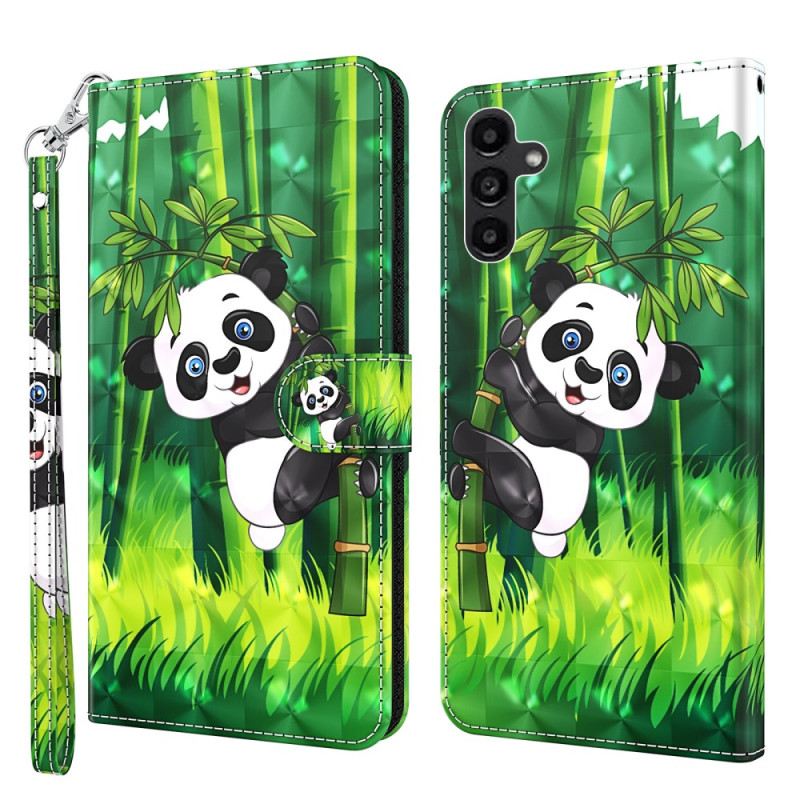 Bőrtok Samsung Galaxy A15 Bambusz Panda Szíjjal
