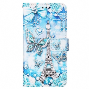 Bőrtok Samsung Galaxy A15 Eiffel-torony És Pillangók Szíjjal