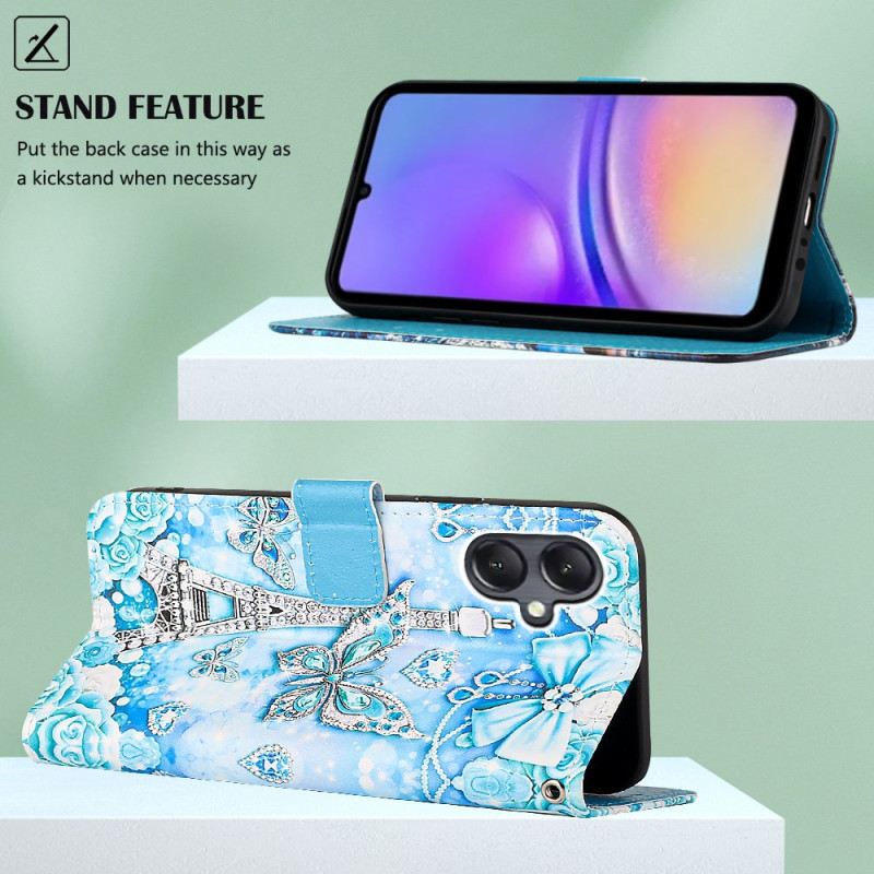 Bőrtok Samsung Galaxy A15 Eiffel-torony És Pillangók Szíjjal