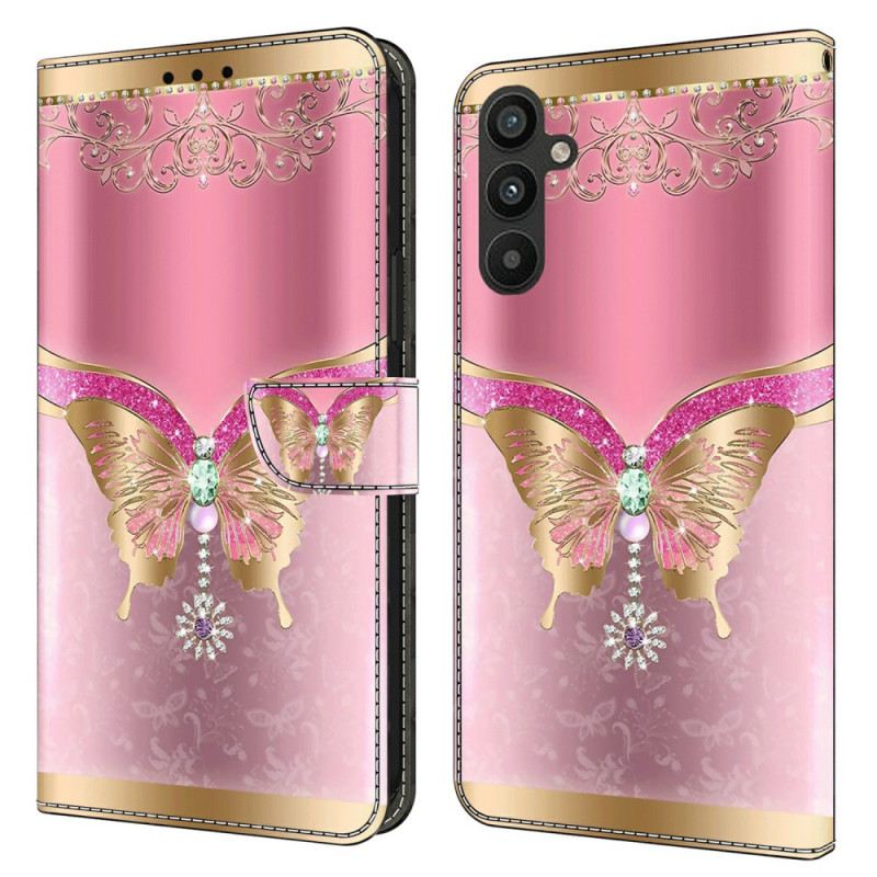 Bőrtok Samsung Galaxy A15 Rózsaszín És Arany Pillangó
