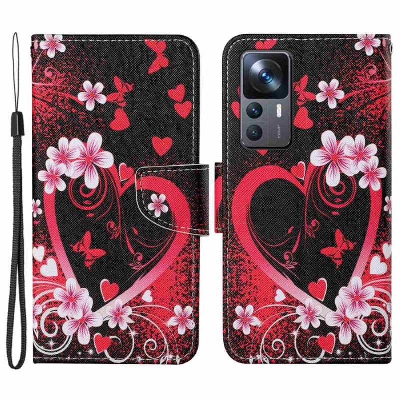 Fliptok / Bőrtok Xiaomi 12T / 12T Pro Virágok És Szívek Zsinórral