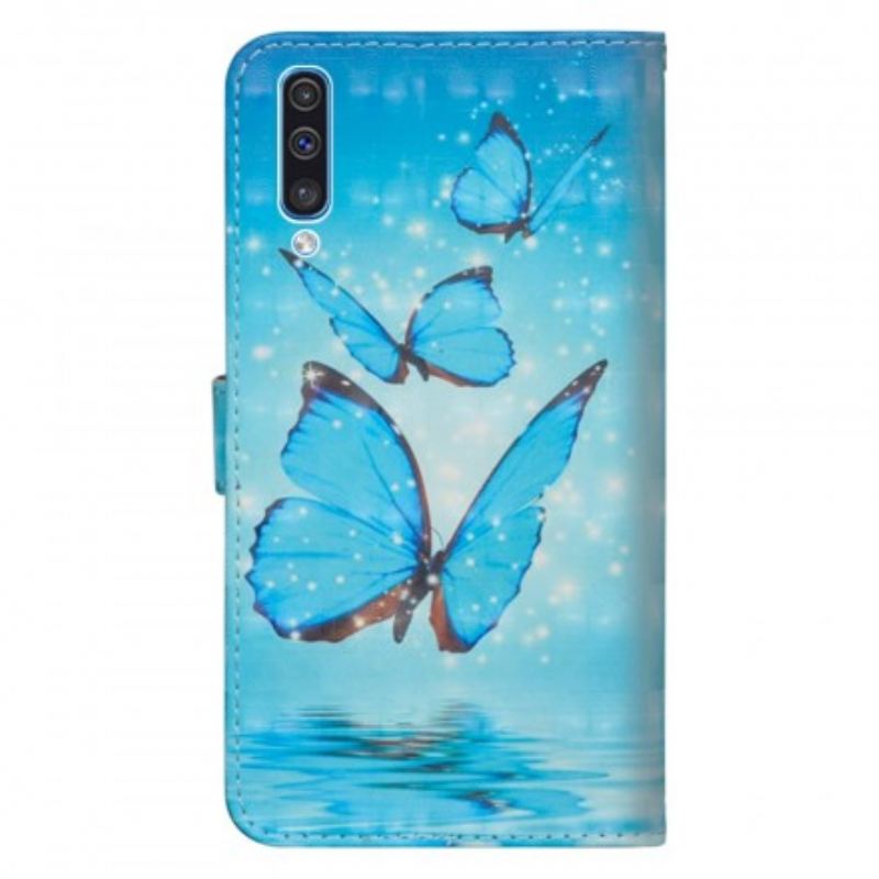 Kinyitható Tokok Samsung Galaxy A50 Repülő Kék Pillangók