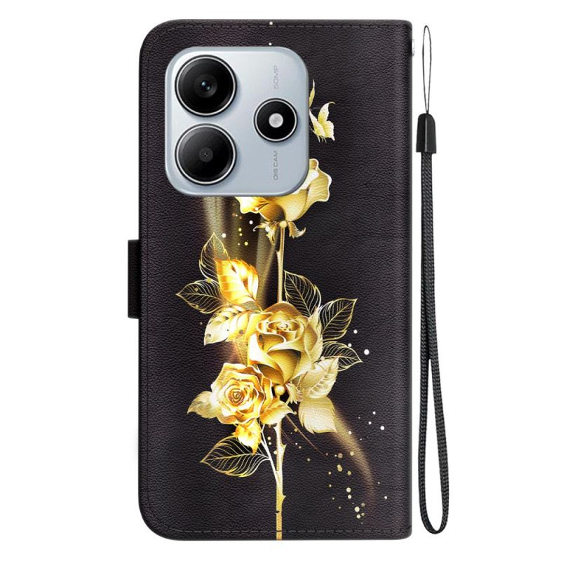 Bőrtok Xiaomi Redmi Note 14 5g Arany Pillangók És Rózsa