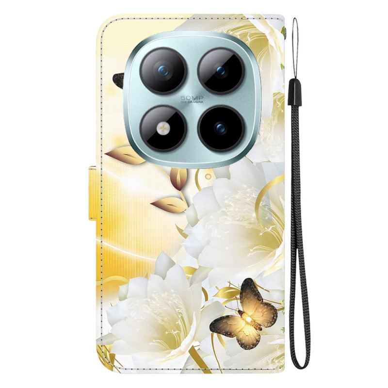 Kinyitható Bőrtok Xiaomi Redmi Note 15 Pro 5g Arany Pillangók És Fehér Virágok