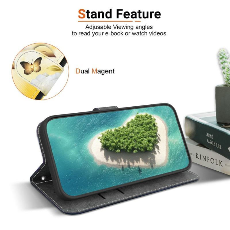 Kinyitható Bőrtok Oppo Reno 13 5g Arany Pillangók És Fehér Virágok