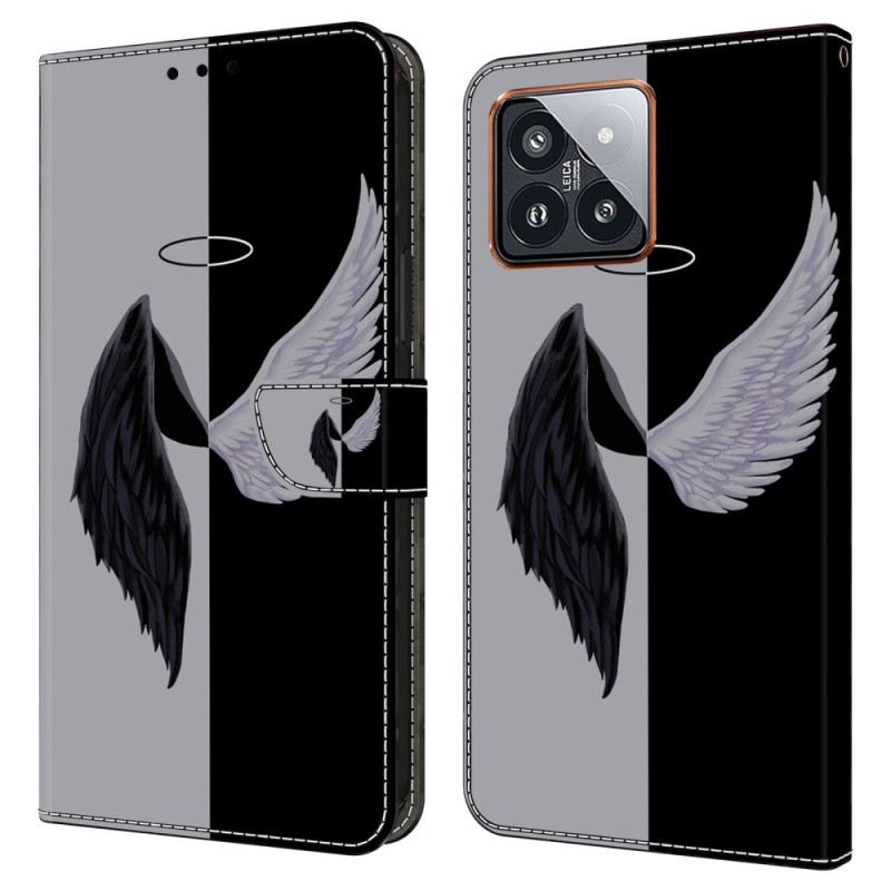 Bőrtok Xiaomi 14 Pro Fekete-fehér Szárnyak