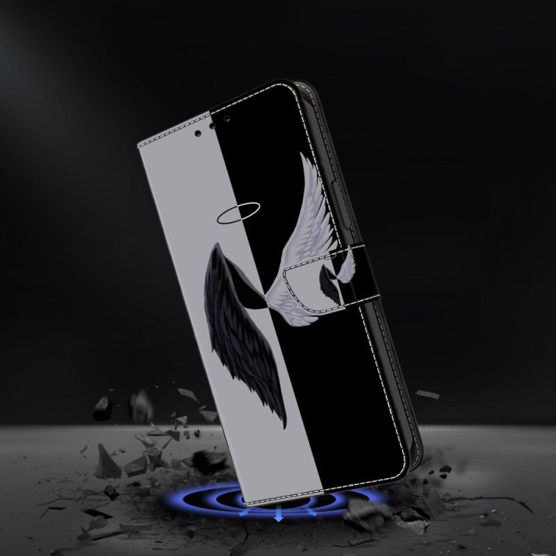 Bőrtok Xiaomi 14 Pro Fekete-fehér Szárnyak