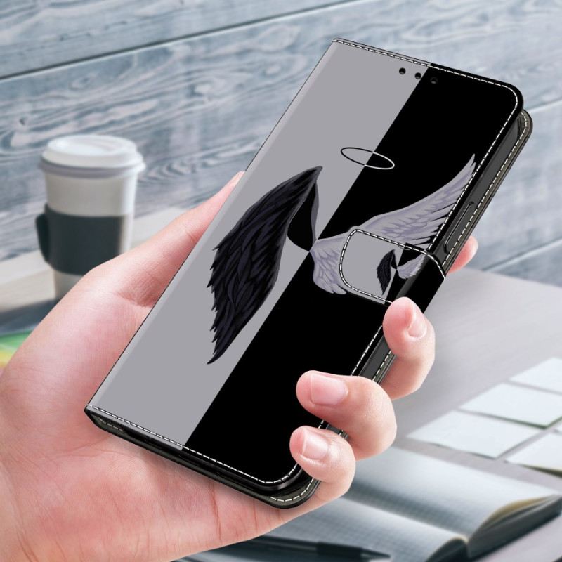 Bőrtok Xiaomi 14 Pro Fekete-fehér Szárnyak