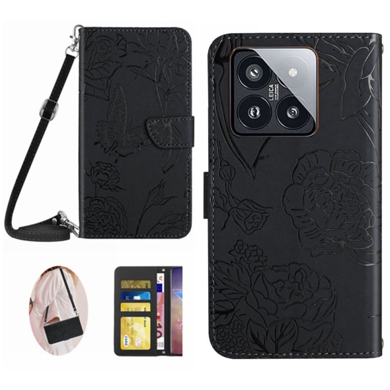 Kinyitható Tokok Xiaomi 14 Pro Pillangómintás Vállpánt