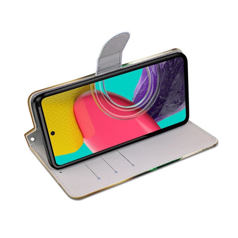 Kinyitható Tokok Samsung Galaxy M53 5G szíjjal Vidám Cica Pánttal