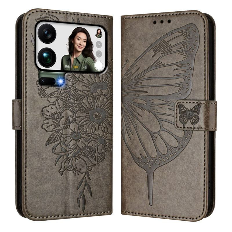 Bőrtok Xiaomi 17 Pro Max Pillangóminta Nyakpánttal