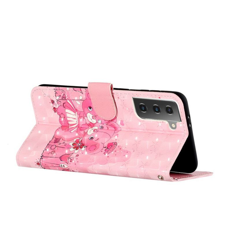 Fliptok / Bőrtok Samsung Galaxy S21 5G szíjjal Világos Foltos Mackók Szíjjal