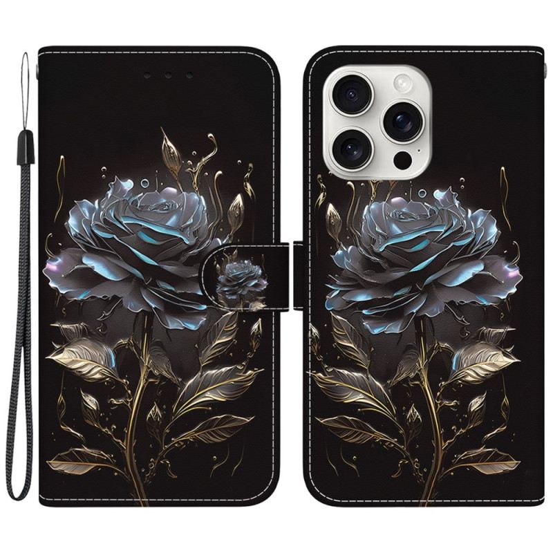 Bőrtok iPhone 16 Pro Max Fekete Rózsa Szíjjal