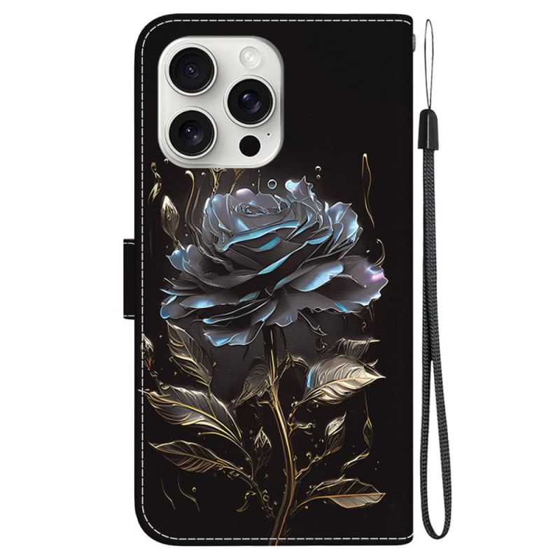 Bőrtok iPhone 16 Pro Max Fekete Rózsa Szíjjal