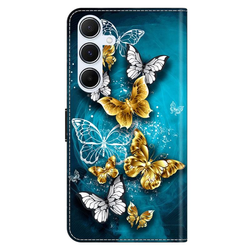 Bőrtok Samsung Galaxy A17 4g / 5g Arany Pillangók Zöld Alapon