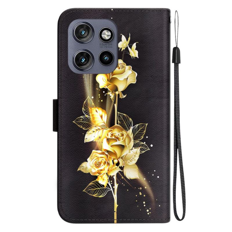 Bőrtok Motorola Edge 50 Neo Arany És Rózsaszín Pillangók